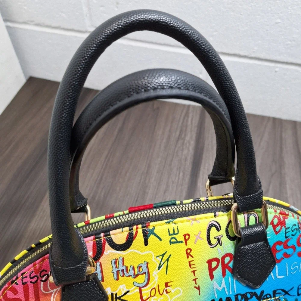 Alba Graffiti Print Dome Satchel Bag Multicolor Bee Emblem Web Stripe Street Art